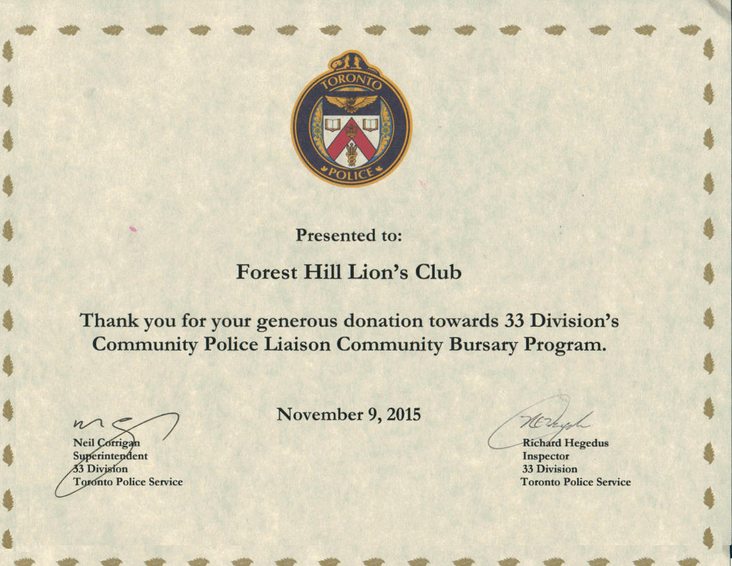 Forest Hill Lions Club receives certificate of appreciation from 33 Divisions's Community Police Liason Community Bursary Program