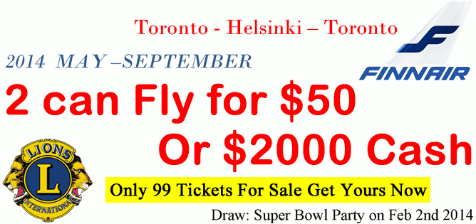 2 Can Fly Return to Helsinki for $50 or $2000 Cash Pay Raffle