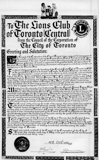 Toronto Central Lions Certificate from the City of Toronto
